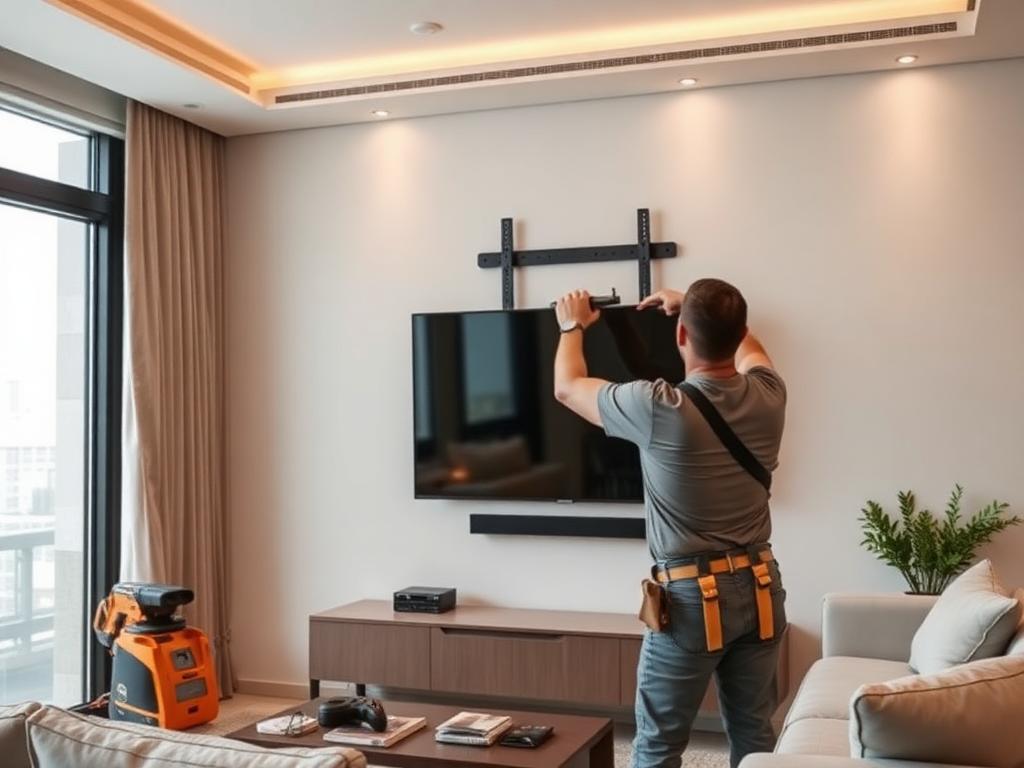 INZOONE handyman mounting a TV on a wall in a Dubai apartment